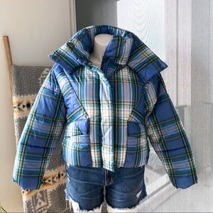 🌟American Eagle 80’s Blue Green Plaid Boxy Fit Cropped Puffer Jacket🌟